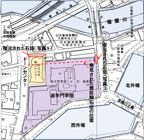 図２．発見された石垣の位置と復元場所位置図