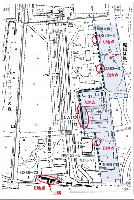 図２．玉造口周辺の豊臣期堀跡分布図