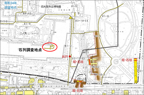 図１．南外堀々底の調査位置図（黄色は調査範囲）