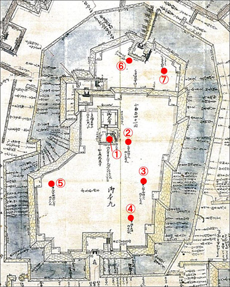 図１．徳川期本丸・山里丸内の井戸