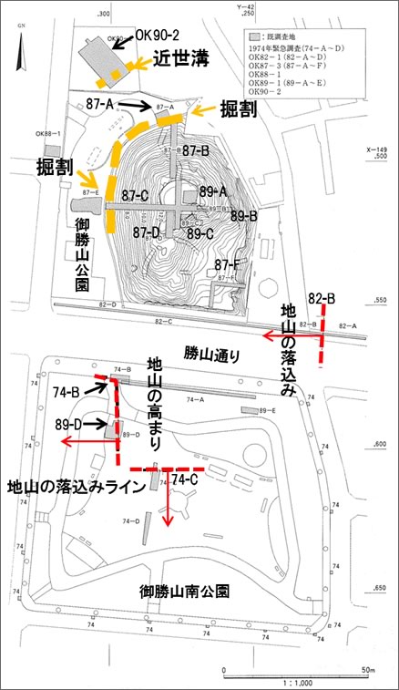 図１．御勝山古墳の調査地点と遺構
