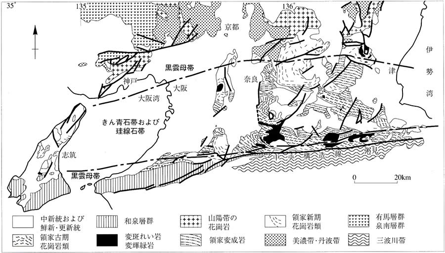 図３．近畿地方領家帯の地質図および変成分帯図 [日本の地質『近畿地方』編集委員会1987]