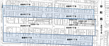 図５．内本町で発見される豊臣期石垣の調査地点と遺構の方向