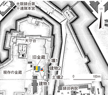 図２．調査で見つかった遺構（明治18年測量『大阪実測図』に加筆）