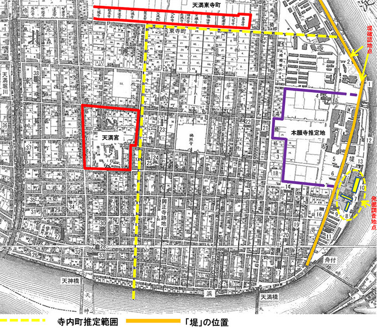 図１．天満寺内町の構造（豆谷浩之・南秀雄2015「豊臣時代の大坂城下町」『秀吉と大坂　城と城下町』和泉書院より転載、加筆