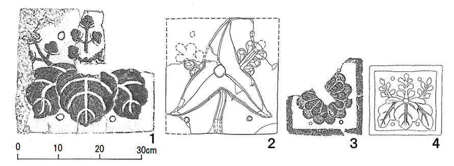 図１．大坂城出土の方形飾瓦（１）１は３点を図面上で復元