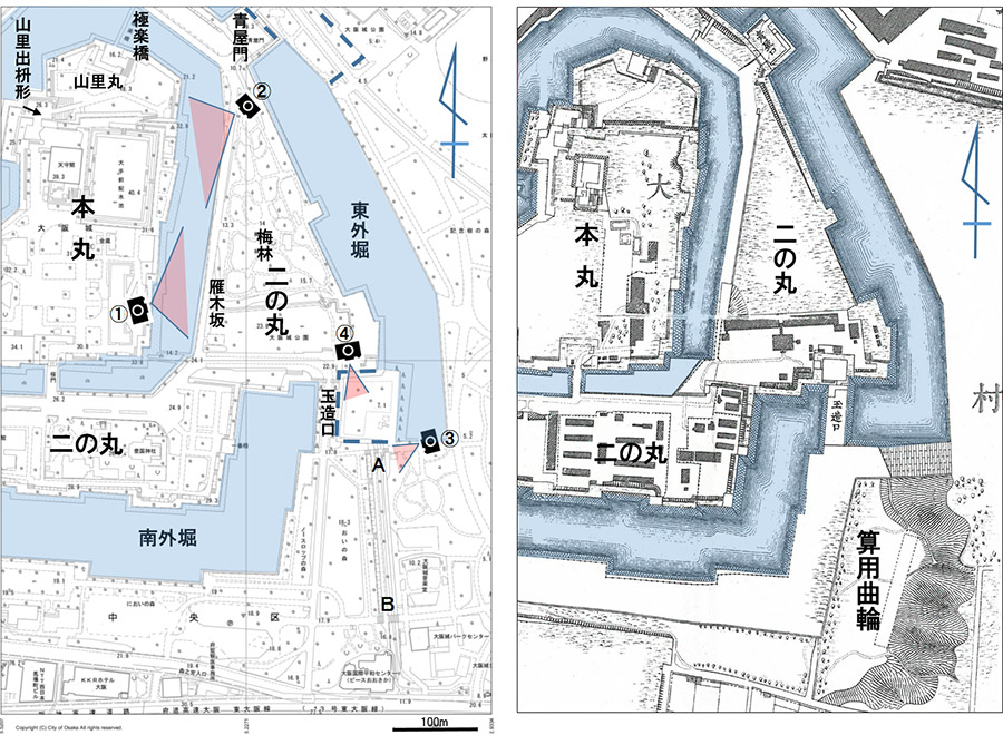 図１．現在の地形図（マップナビおおさか）と明治19年（1886）測量の地形図