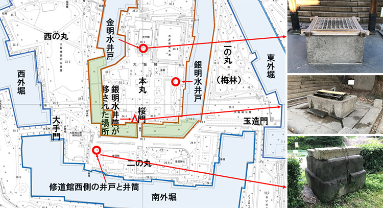 図１．残存する井筒、井戸の位置と現状写真