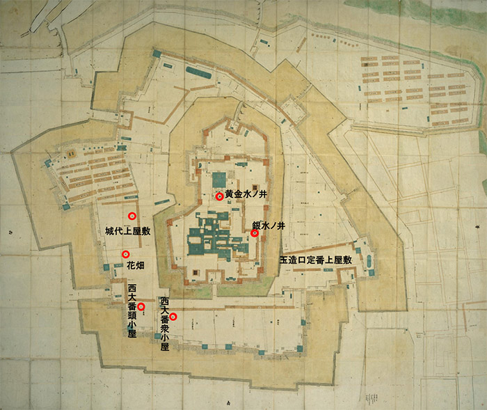 図３．『大坂御城図』に描かれる現存する井戸の位置（○印）