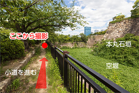写真２．空堀脇の小道、右手は本丸石垣