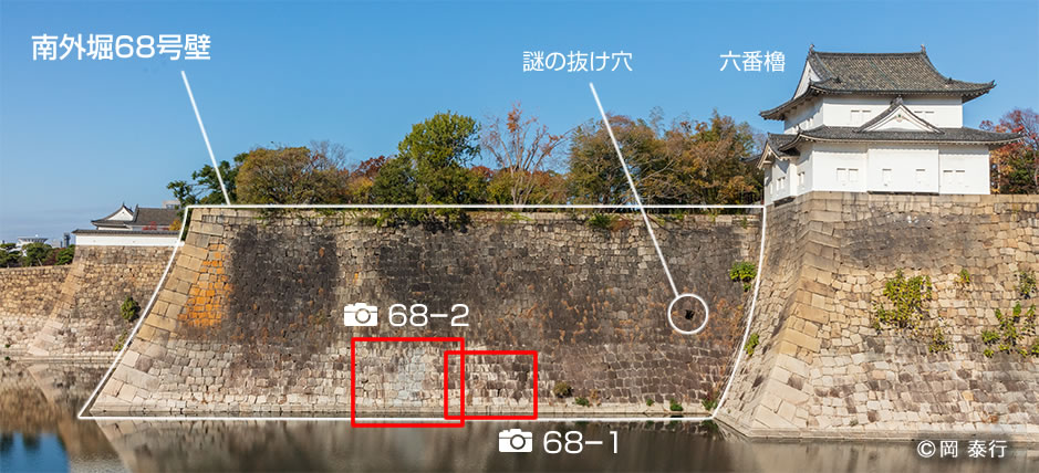 写真１．南外堀68号壁全景と拡大部分の位置（櫓は六番櫓）