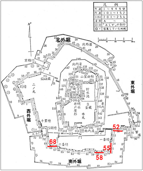 大阪城の全域石垣壁面番号 村川行弘『大坂城の謎』学生社刊行より