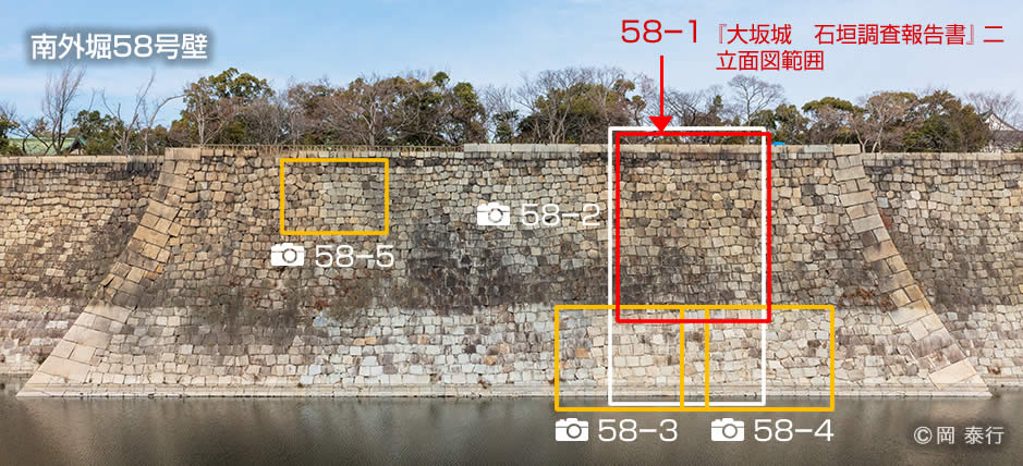 写真１．58号壁全景と立面図、拡大写真の範囲