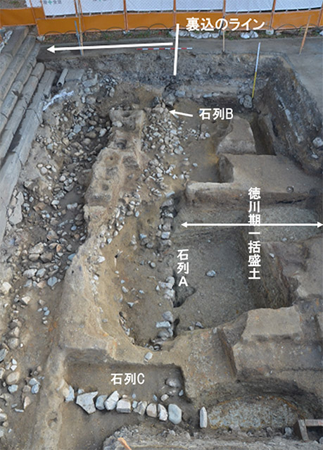 写真２．４区で発見された徳川期一括盛土と石列（北から）