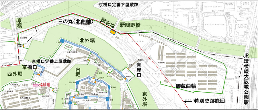 図３．大坂城北部の徳川期建物配置復元と調査地の位置