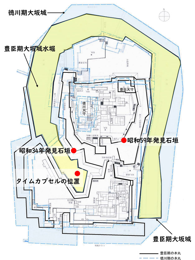 図２．宮上茂隆氏の重ね合わせ図中の地下石垣、タイムカプセルの位置